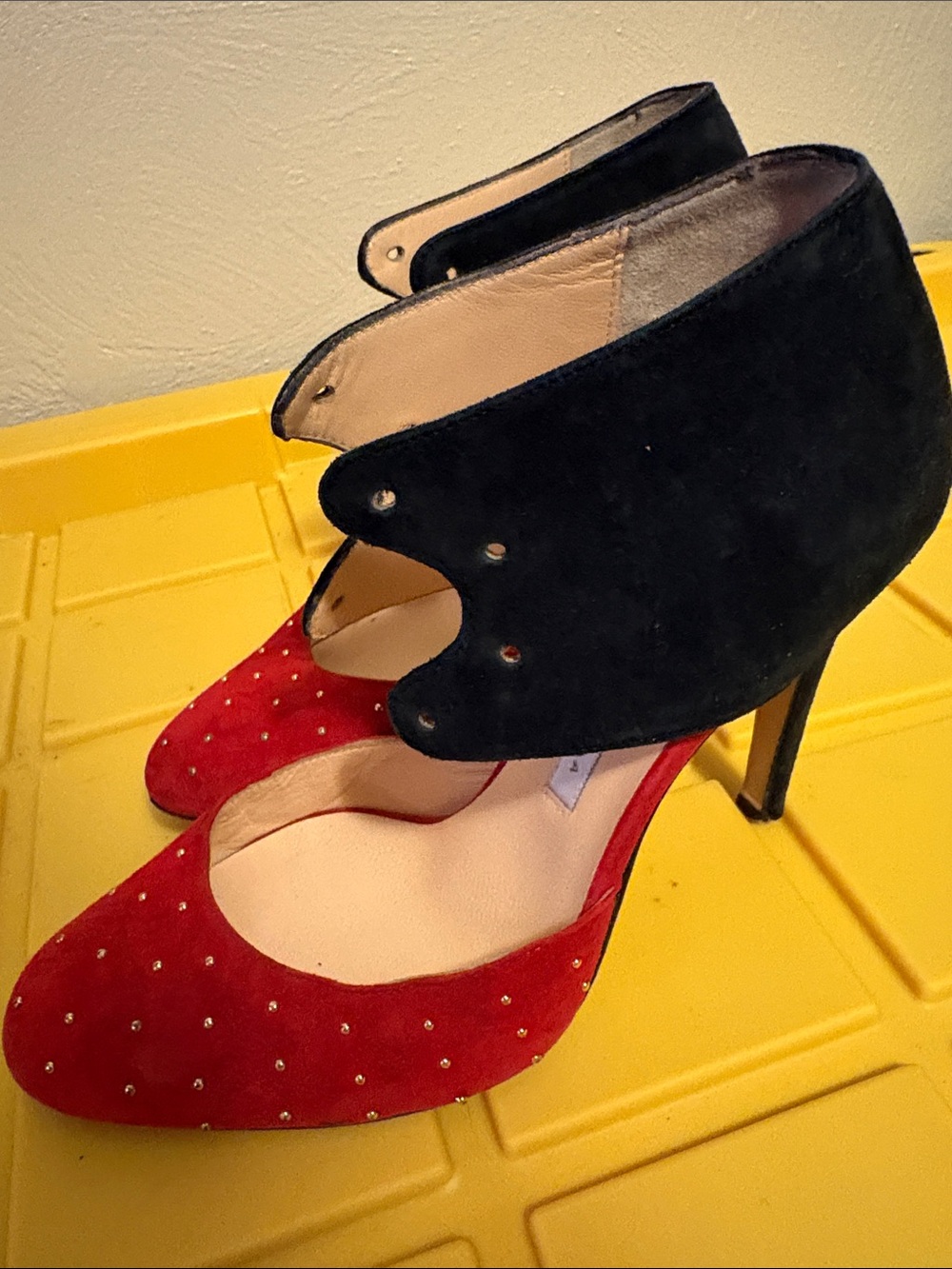 Red Suede Studded Pumps with Black Suede Ankle Cuff